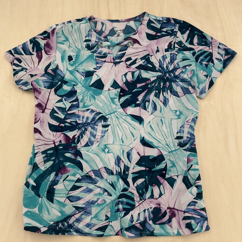 Butter-Soft Stretch Scrub Top Womens M Teal Purple Palm Leaf Tropical Grommet
